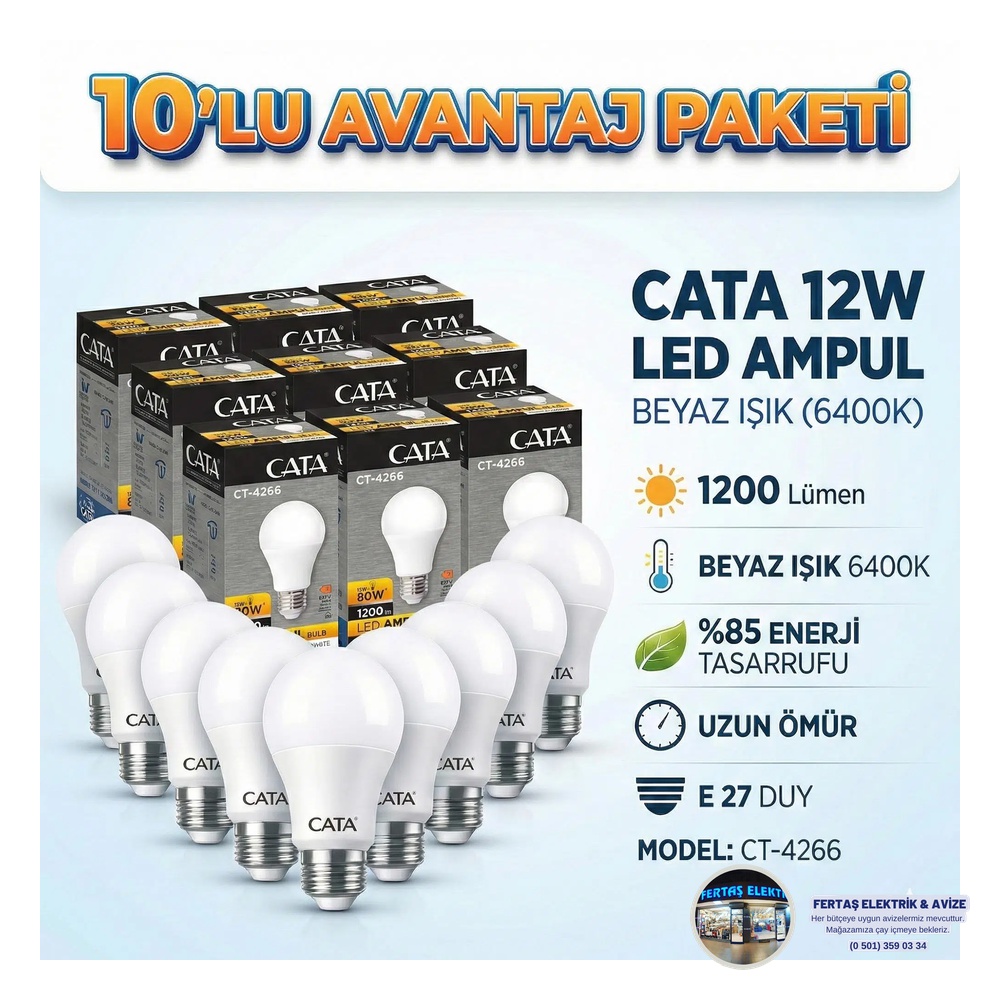 Cata 10W Beyaz Işık E27 LED Ampul (10lu Kutu)
