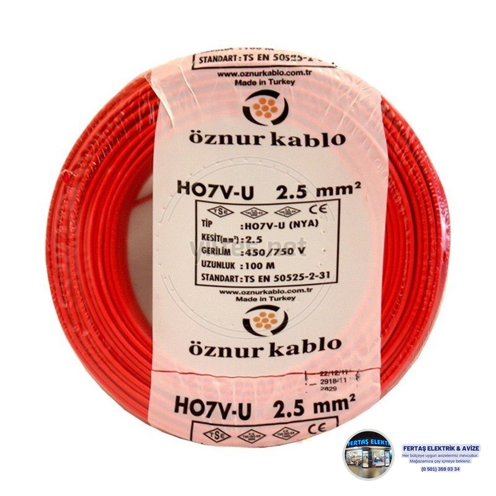 Öznur 1x2.5 mm² NYA Tek Damar Tesisat Kablosu Kırmızı (100m)