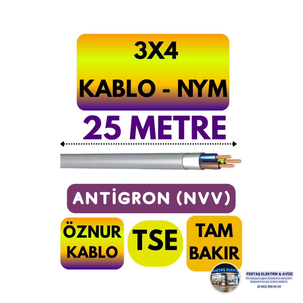 Öznur 3x4 mm² Antigron (NYM) Sıva Üstü Nemliyer Kablosu (50m)